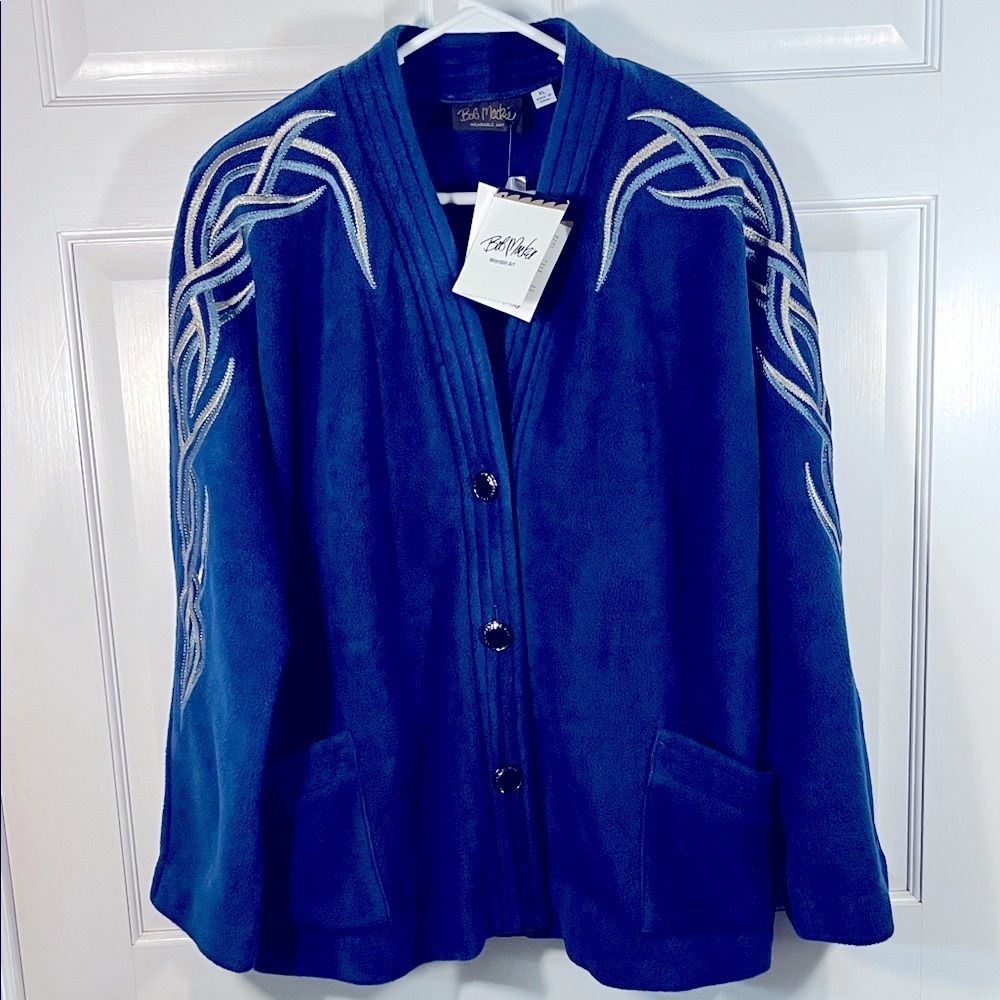 Bob Mackie Designer Fleece Sweater Cardigan Embellished Embroidery Women’s XL